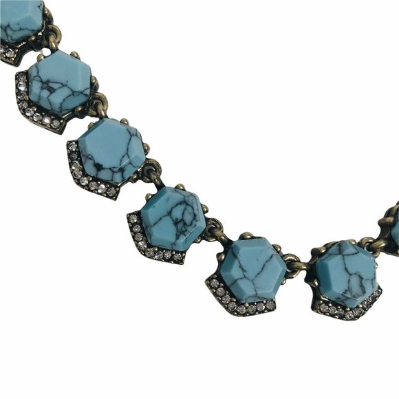 Art Deco Style Statement Necklace Goldtone Faux Turquoise & Clear Crystals 18" - Picture 2 of 4